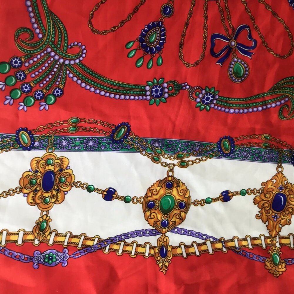 Women's Colorful Vintage Large Square Scarf Jewels Christmas Colors Retro 1980s - Picture 8 of 14